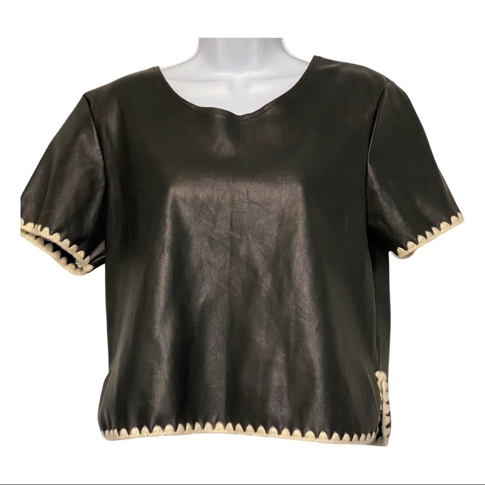 Zara Black Faux Leather Crop Top with Cream Trim